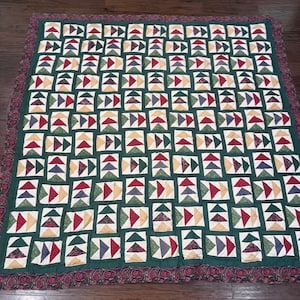May include: A rectangular quilt featuring a repeating pattern of triangular blocks in red, cream, green, and purple, separated by dark green sashing. The quilt is finished with a wide border featuring a dark red and green paisley print pattern.