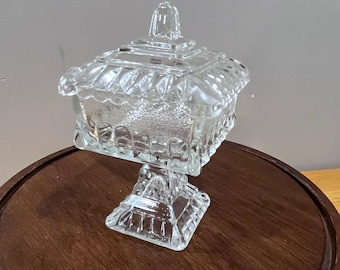 Vtg Clear Jeanette Glass Wedding Box Pedestal Candy Dish with Lid Art Deco Style