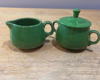 Vtg Fiesta HLC Green Creamer and Lidded Sugar Bowl Set Art Deco Seconds