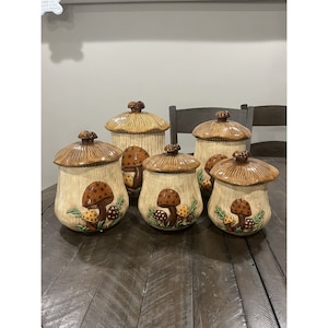 1970s Vintage Arnels Mushroom Canister Set of 5 Excellent Condition Rare