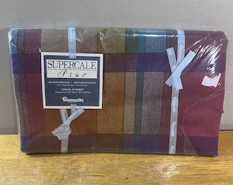 Vtg Wamsutta Supercale Plus King Flat Sheet Tyler Plaid Spice 200TC Made in USA