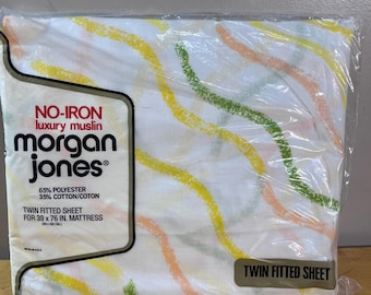 Vtg Morgan Jones Twin Fitted Sheet No-Iron Muslin Wavy Stripe Yellow Green USA
