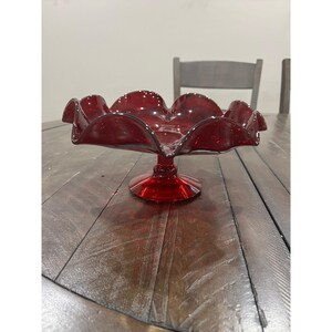 Blenko 7028 Ruby Red Footed Ruffled Blown Crackle Glass Compote Bowl  10.5"