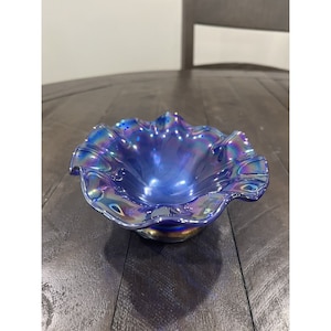 Cobalt Blue Carnival Glass Bowl Rare Ruffled Luster 6” Signed