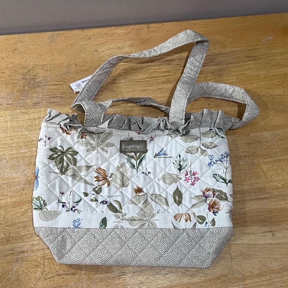 Vtg Longaberger Homestead Quilted Floral Botanical Ruffle Tote Bag Cream Green