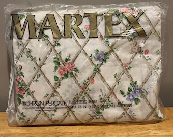 Martex Full Fitted Sheet NOS Vintage Sealed Mod Floral Roses Trellises
