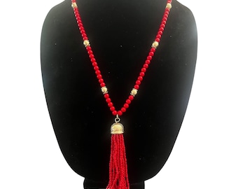 Vtg Boho Red Beaded Tassel Necklace Gold Tone Accents Long Statement Jewelry