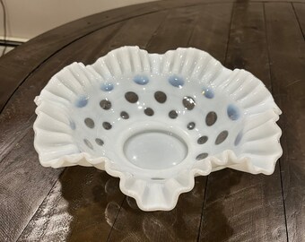 Vintage Fenton White Opalescent Coin Dot Crimped Ruffle Console