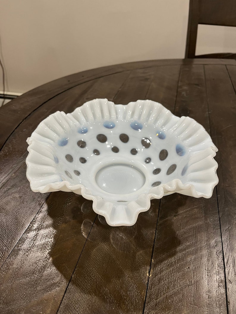 Vintage Fenton White Opalescent Coin Dot Crimped Ruffle Console Bowl 10 ...