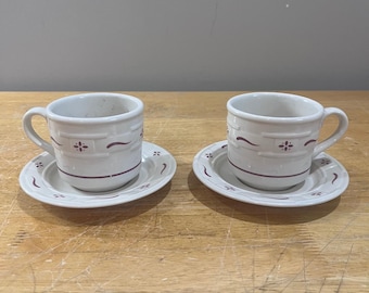 Juego de 2 tazas y platillos Longaberger Woven Traditions Heritage Red, estilo rústico vintage.