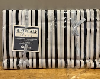 Wamsutta Plus Stripe Black White Full Flat Sheet Percale Cotton Blend 200 TC Vtg