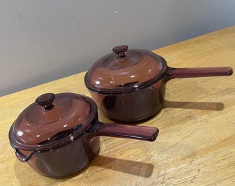 Vtg Corning Visions Cranberry Glass Saucepan Set 1L 1.5L Covered Pots USA 90s