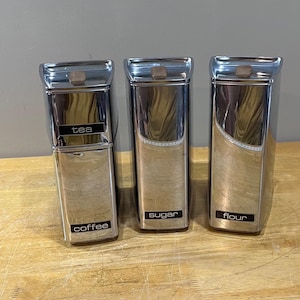 Vtg Lincoln BeautyWare Chrome Canister Set 4pc MCM Atomic Flour Sugar Coffee Tea