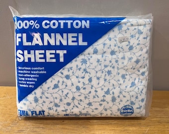 Vtg McCarthy International Full Flat Sheet 100% Cotton Flannel Blue Floral White