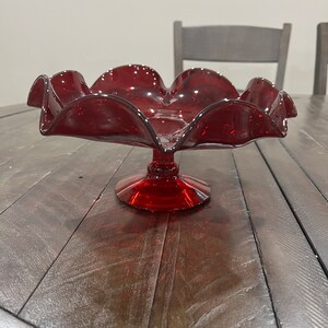Blenko 7028 Ruby Red Footed Ruffled Blown Crackle Glass Compote Bowl  10.5”
