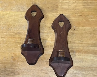 Vtg Rustic Wood Heart Wall Sconce Set Farmhouse Country Brown Candle Holder Pair