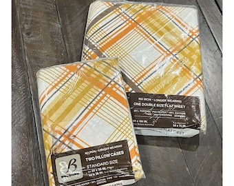 Vintage Bibb Double Flat Sheet 2 Pillow Cases Brown Gold Orange Geo Line MCM NOS