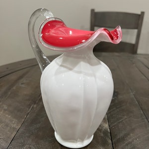 Fenton Peach Crest Cased Milk Glass Pitcher Panels Pink Clear Handle