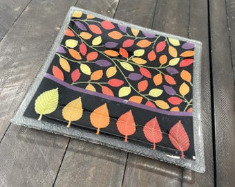 Peggy Karr Fused Art Glass Brightly Colored Autumn Leaves Dish Tray 9.75"