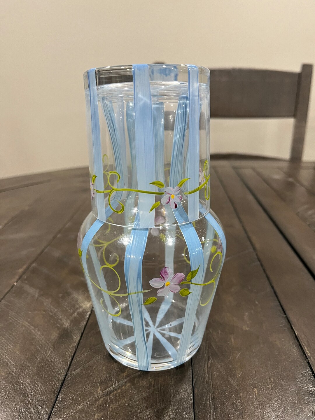 Vintage Tumble up Purple Flowers Blue Stripes Hand Painted Water Vessel ...