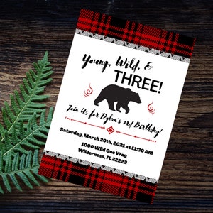 Young, Wild, and Three Birthday Party Invitation - Digital Download Invitation - Buffalo Plaid Invitation