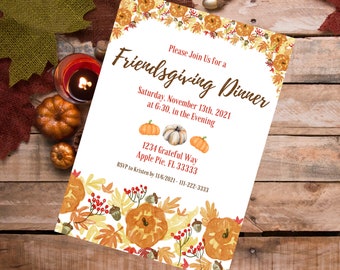 Puede incluir: Invitación a una cena de Acción de Gracias con amigos con calabazas de acuarela y hojas de otoño. La invitación incluye la fecha, hora y lugar: 1234 Grateful Way, Apple Pie, FL 33333. RSVP antes del 6/11/2021.
