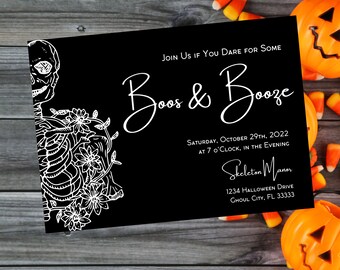 Skeleton Boos and Booze Halloween Invitation (Digital Download)