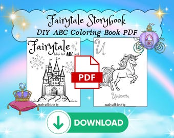 Fairytale ABC Coloring Book for Kids – Baby Shower Sprinkle Game, Educational Fun, Teacher Resource – Digital Download Printable PDF DIY