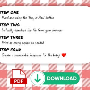 May include: White rectangular graphic with instructions: Purchase, download, print, and create a keepsake. Includes a PDF icon and a green "DOWNLOAD" button. Set against a red and white checkered background.