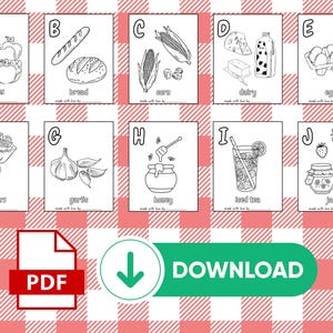 May include: Black and white line art illustrations of various food items, including apples, bread, corn, dairy products, eggs, flowers, garlic, honey, iced tea, and jam. The image includes a PDF download button.