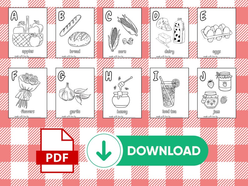 May include: Black and white line art illustrations of various food items, including apples, bread, corn, dairy products, eggs, flowers, garlic, honey, iced tea, and jam. The image includes a PDF download button.