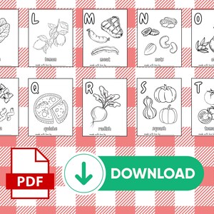 May include: Black and white illustrated flashcards featuring various foods, including kale, lemons, meat, nuts, oil, pasta, quiche, radish, squash, and tomatoes. A PDF download button is visible.