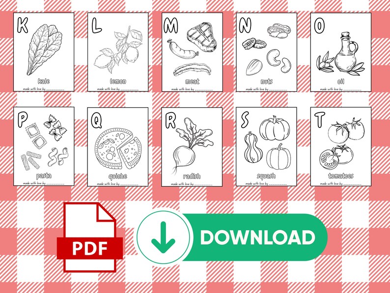 May include: Black and white illustrated flashcards featuring various foods, including kale, lemons, meat, nuts, oil, pasta, quiche, radish, squash, and tomatoes. A PDF download button is visible.