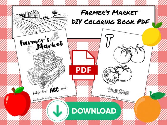 Farmer’s Market Inspired Printable Baby ABC Coloring Book – Baby Shower Activity, Keepsake, Baby Sprinkle Game, Instant PDF Download