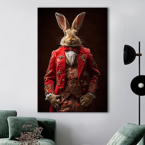 Impresión en lienzo de conejo antropomórfico, arte de pared barroco, decoración de fantasía, pintura de conejo victoriano para el hogar y la oficina, regalo caprichoso