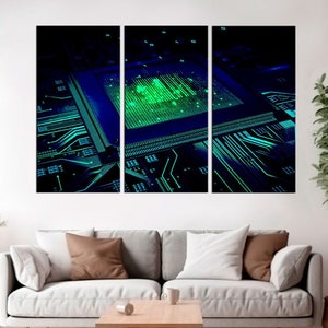 Puede incluir: Primer plano de una placa de circuito de computadora con un chip verde y azul brillante en el centro. La placa está compuesta por líneas y patrones intrincados.