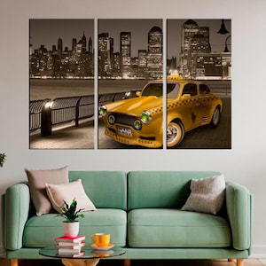 Yellow taxi - Night city lights - Taxi in New York - Passenger transport - Cityscape - Vintage Taxi - Living room decor