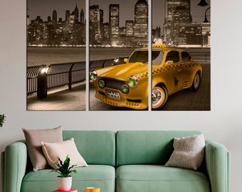Yellow taxi - Night city lights - Taxi in New York - Passenger transport - Cityscape - Vintage Taxi - Living room decor