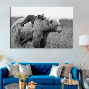 Mama Bear with Bear Cub, Brown Bear Funny Animal Canvas Print, Kid Room Design, Animal Black And White Print, Bear Photography