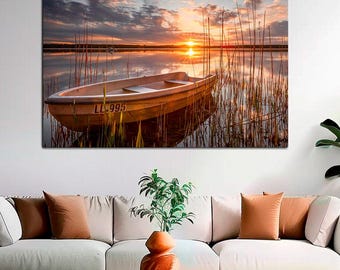 Barco al atardecer - Obra de arte junto al lago - Atardecer en un lago tranquilo - Decoración de pared con barco - Impresión de barco al atardecer - Arte contemporáneo