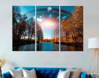 Alien Spacecraft Wall Art, Science Fiction Wall Art, Hovering Ufo Flying Saucer Print, Mystical Forest Print, Alien Space Shuttle