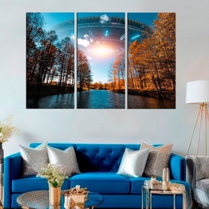 Alien Spacecraft Wall Art, Science Fiction Wall Art, Hovering Ufo Flying Saucer Print, Mystical Forest Print, Alien Space Shuttle
