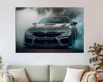 May include: A black sports car with smoke coming from the tires, driving on a road. The car has a black grill and headlights, and a blue and white logo on the front.