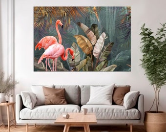 Pink flamingo Jungle wall decor Tropical leaves Birds Water Flamingo Canvas Print Animal Wall Hangings - Comes Ready To Hang