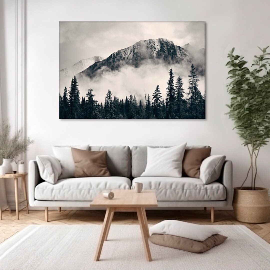 Banff National Park Mountain Forest Canvas, Black and White Misty Peaks ...