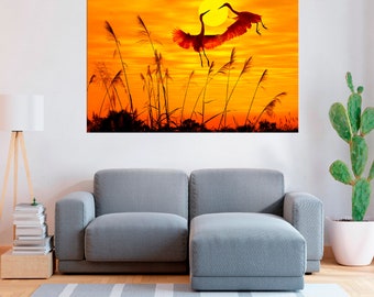 Cranes at Sunset Canvas – Flying Birds Silhouette Art, Warm Nature Wall Decor, Rustic Landscape Print, Large Wildlife Canvas Poster