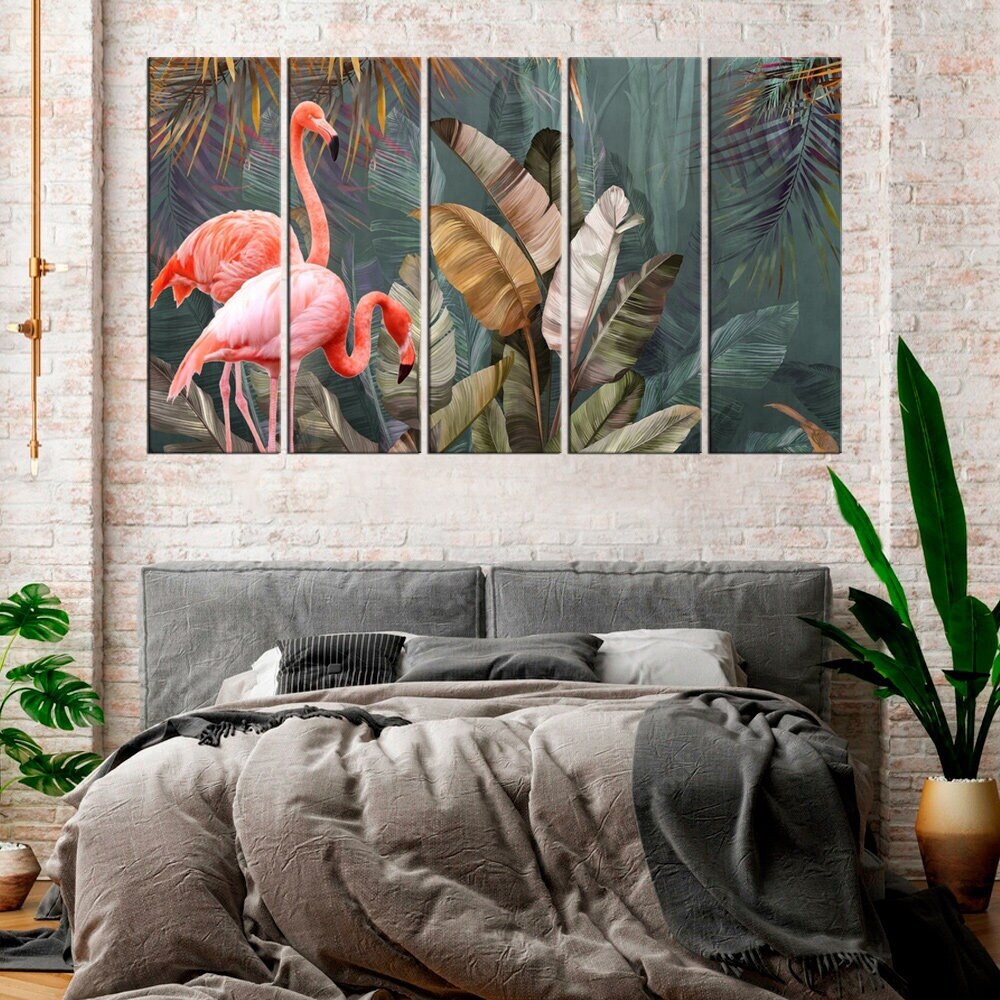 Pink Flamingo Jungle Wall Decor Tropical Leaves Birds Water Flamingo