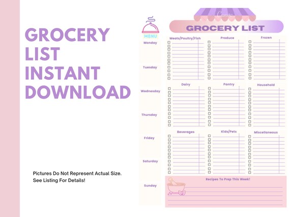 Grocery Shopping List With Categories Printable Downloadable | Etsy
