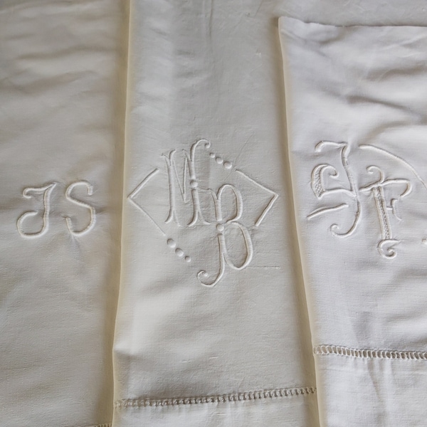 Monogram panels - vintage French linen metis sheet tops - off cuts with embroidered monogram and drawn threadwork.  Initials JS / MB / JF