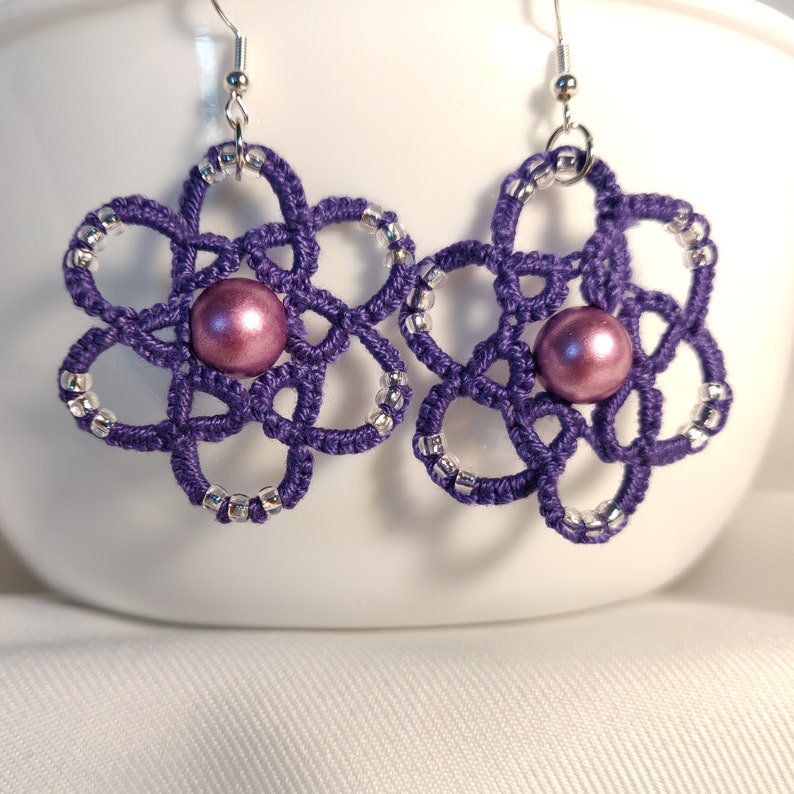 Tatted Earrings Lace Earrings 100% Cotton Purple Beads image 1
